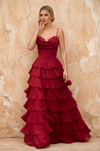 Lisa Merlot Chiffon Corset Ruffle Maxi Dress