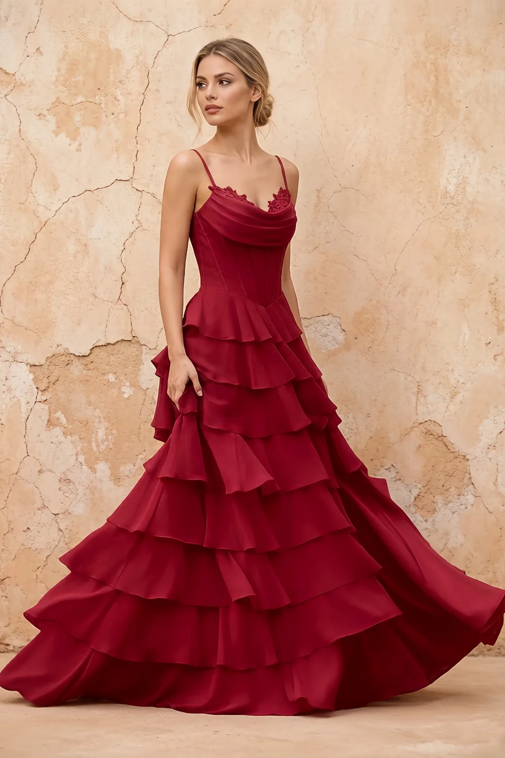 Lisa Merlot Chiffon Corset Ruffle Maxi Dress