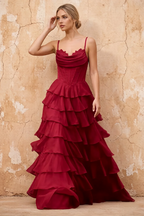 Lisa Merlot Chiffon Corset Ruffle Maxi Dress