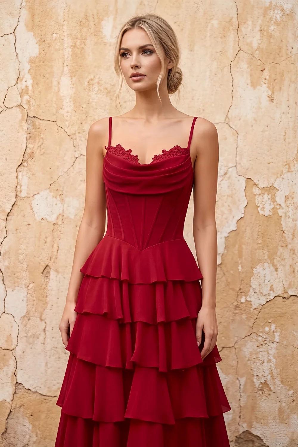 Lisa Merlot Chiffon Corset Ruffle Maxi Dress
