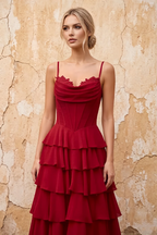 Lisa Merlot Chiffon Corset Ruffle Maxi Dress