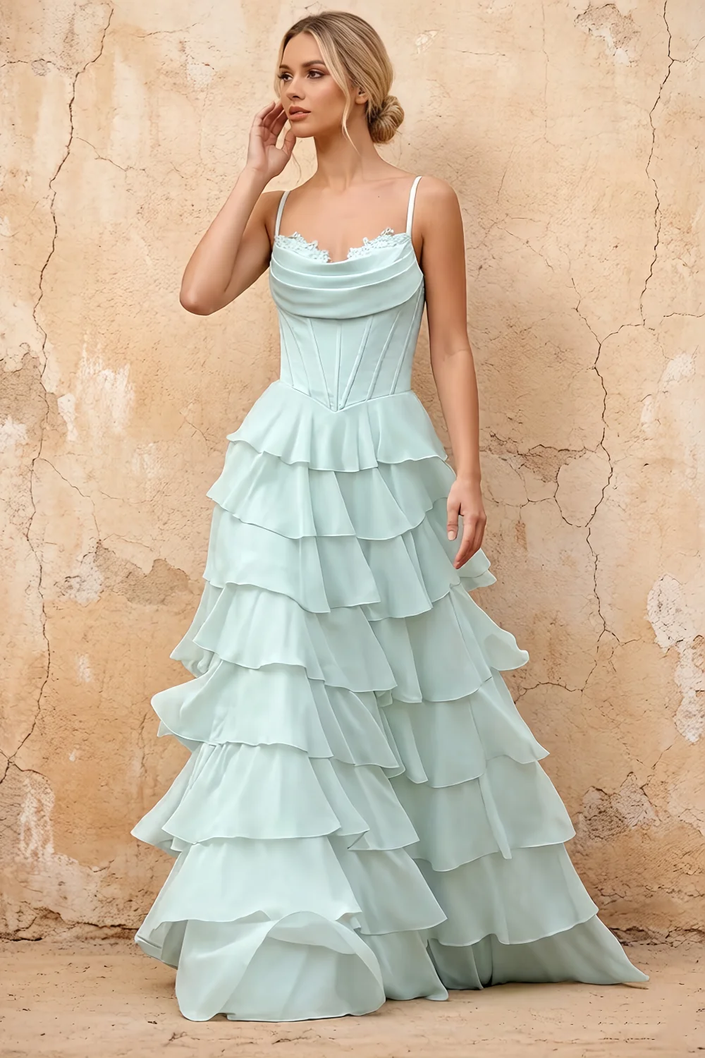 Lisa Mist Chiffon Corset Ruffle Maxi Dress