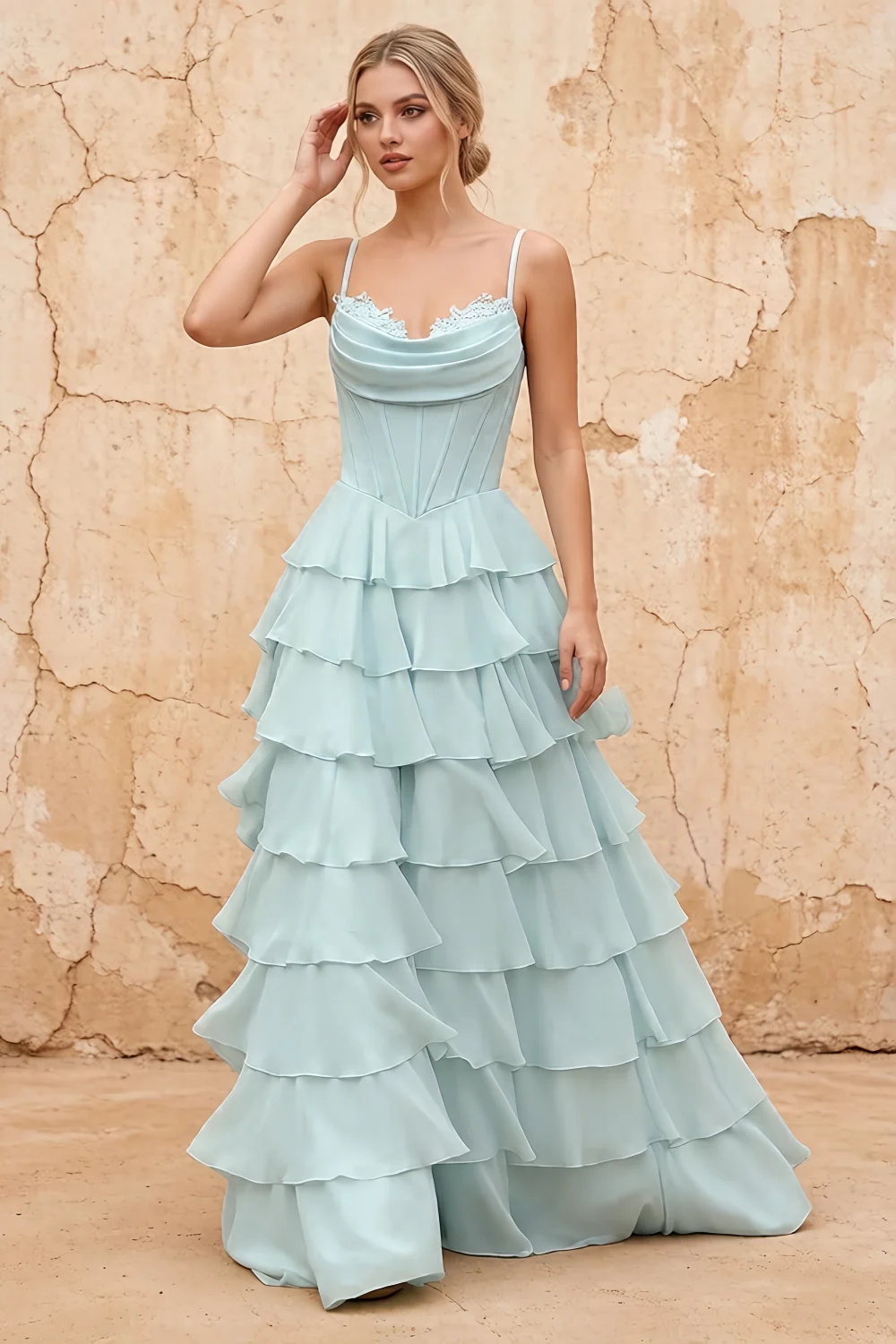 Lisa Mist Chiffon Corset Ruffle Maxi Dress