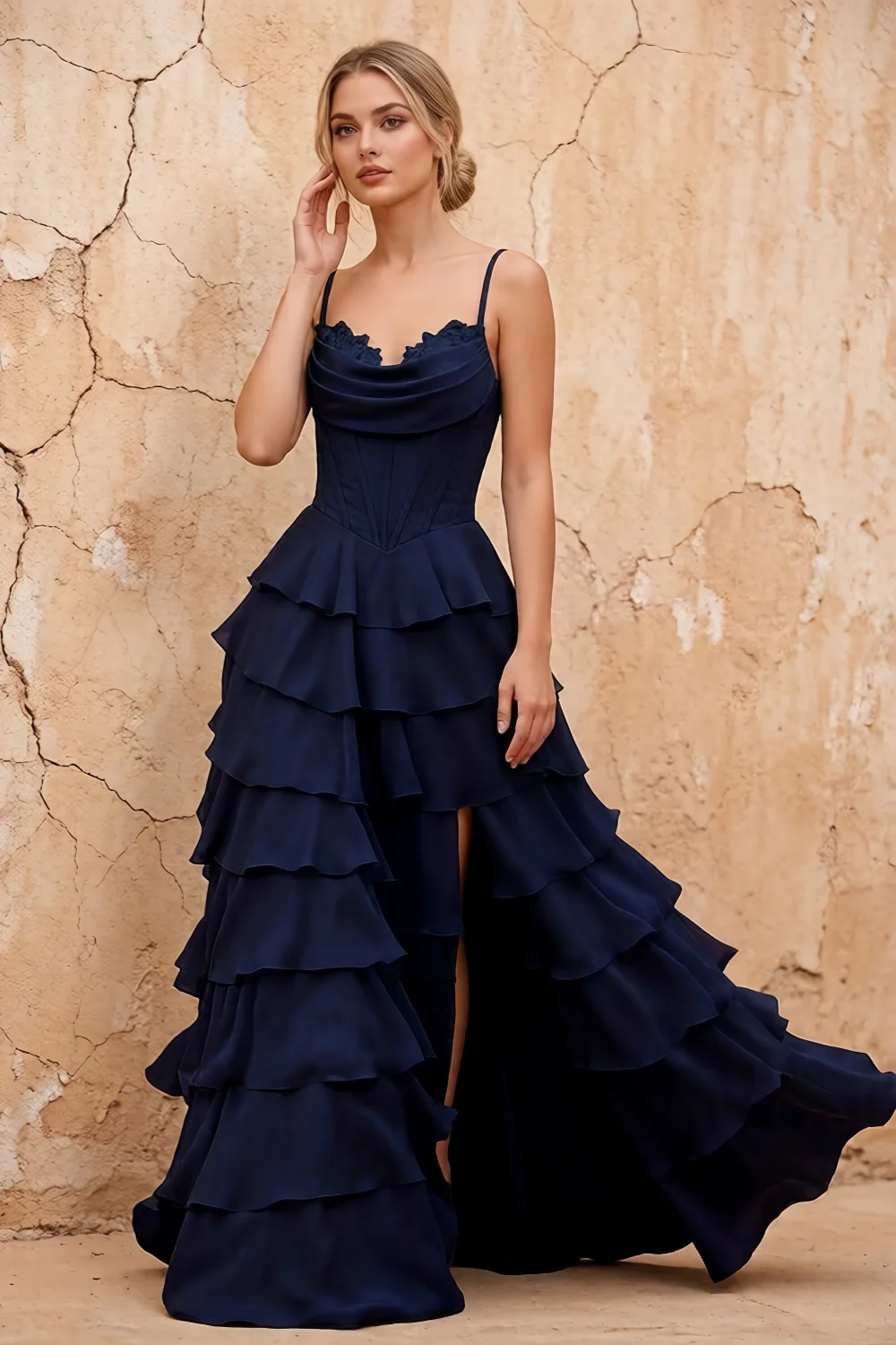 Vestido largo con corsé de chifón azul marino y volantes Lisa