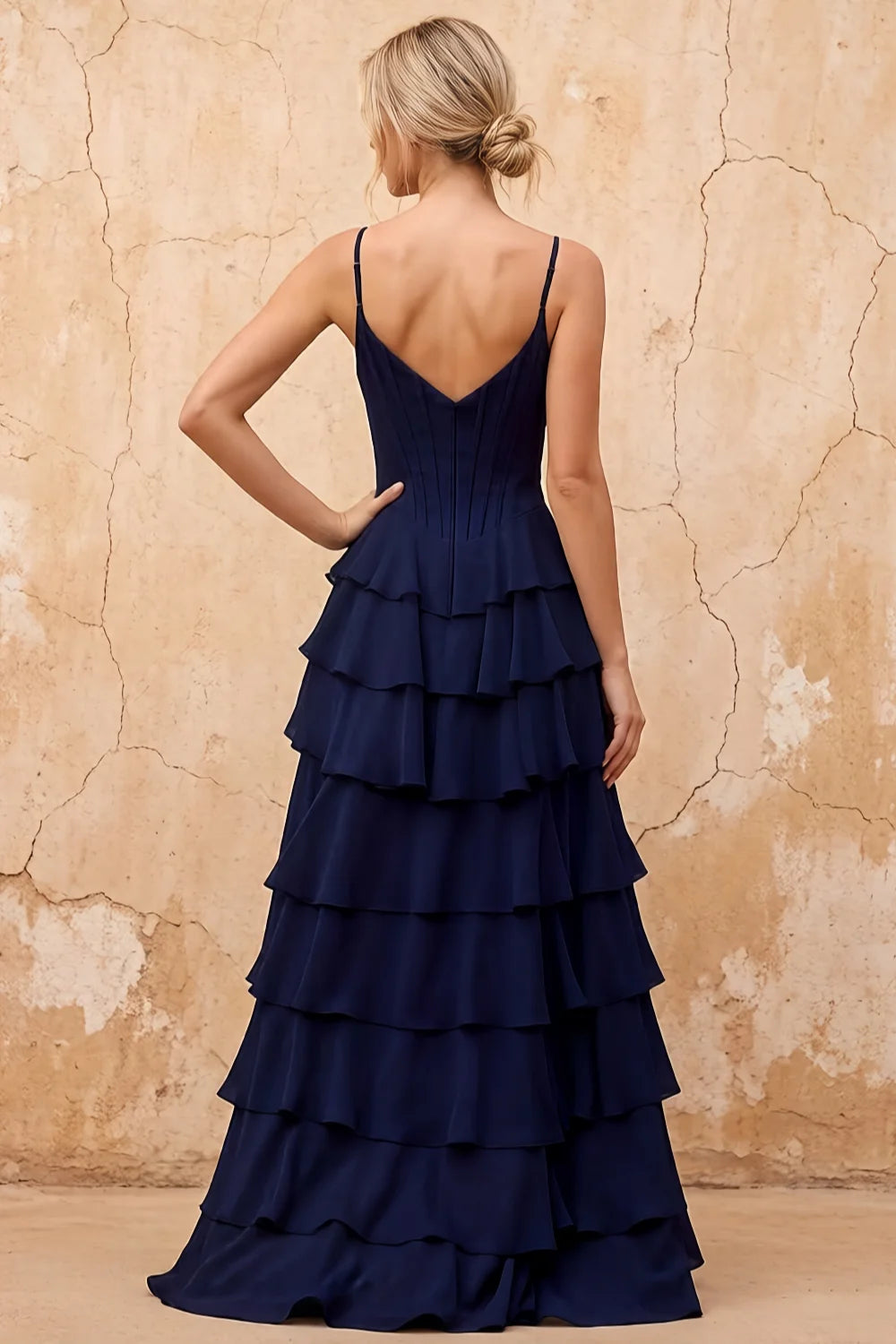 Lisa Navy Blue Chiffon Corset Ruffle Maxi Dress
