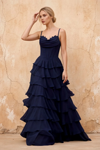 Lisa Navy Blue Chiffon Corset Ruffle Maxi Dress