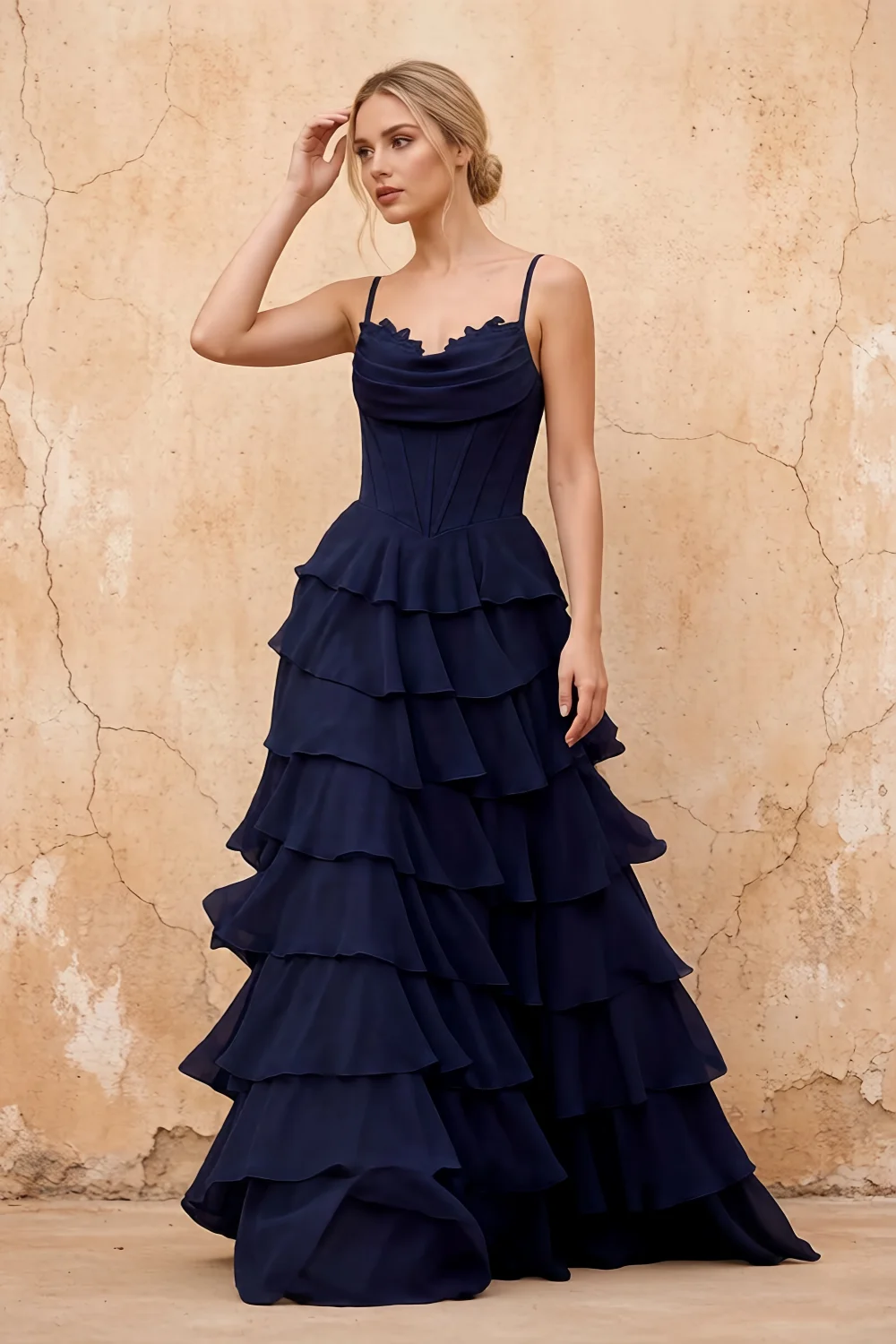 Vestido largo con corsé de chifón azul marino y volantes Lisa