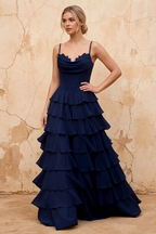 Lisa Navy Blue Chiffon Corset Ruffle Maxi Dress