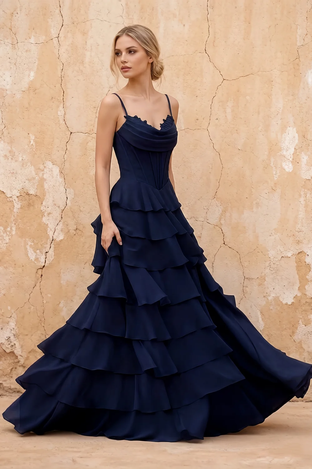 Vestido largo con corsé de chifón azul marino y volantes Lisa