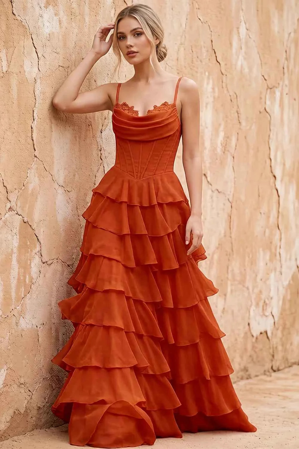 Lisa Paprika Chiffon Corset Ruffle Maxi Dress