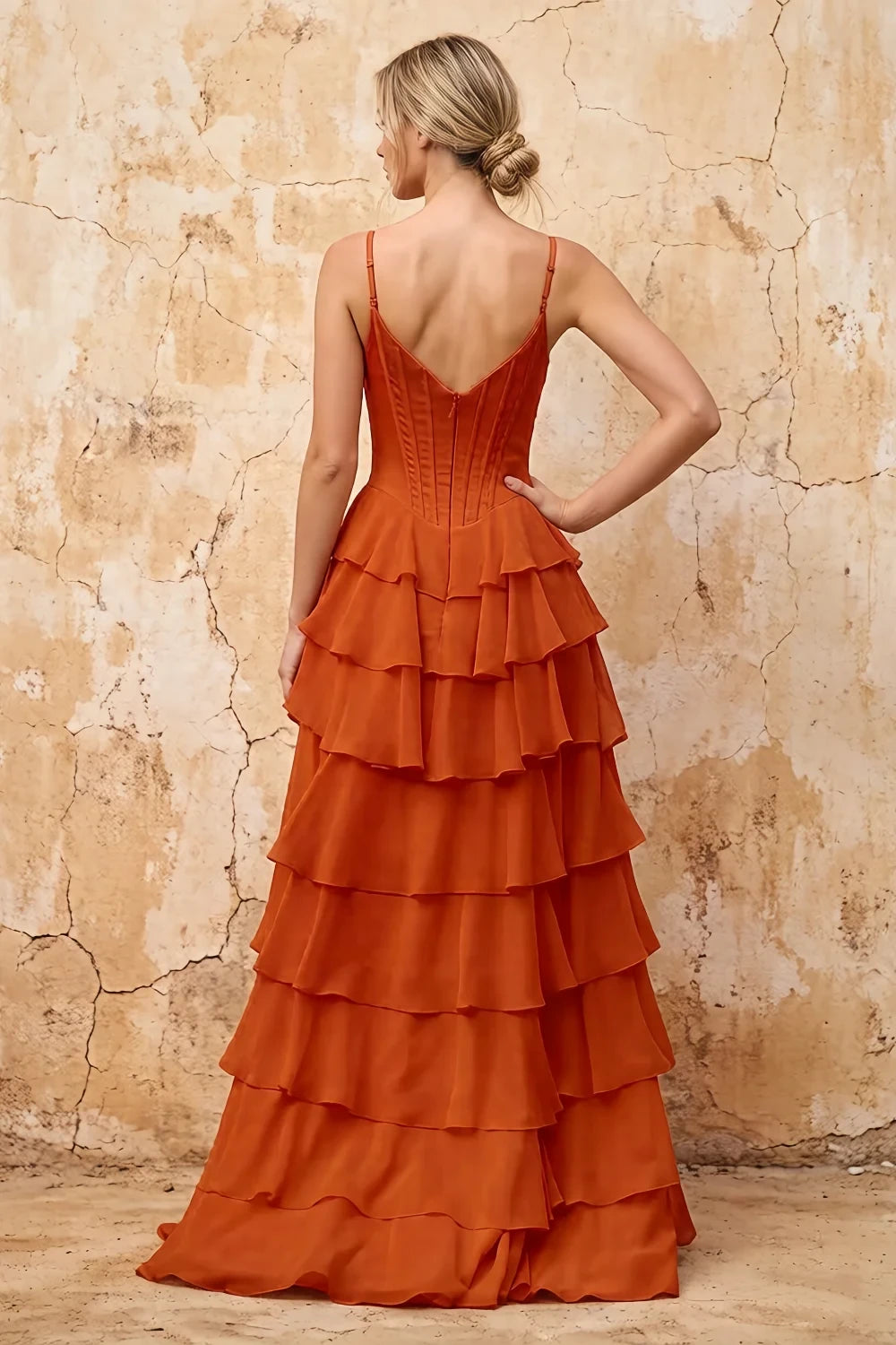 Translation missing: en.Lisa Paprika chiffon corset ruffle maxi dress with spaghetti straps and layered flowing skirt - product photo 2 content.product_image_secondary