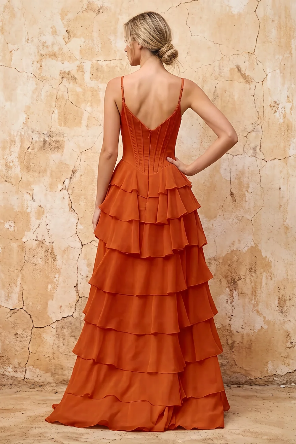 Lisa Paprika Chiffon Corset Ruffle Maxi Dress