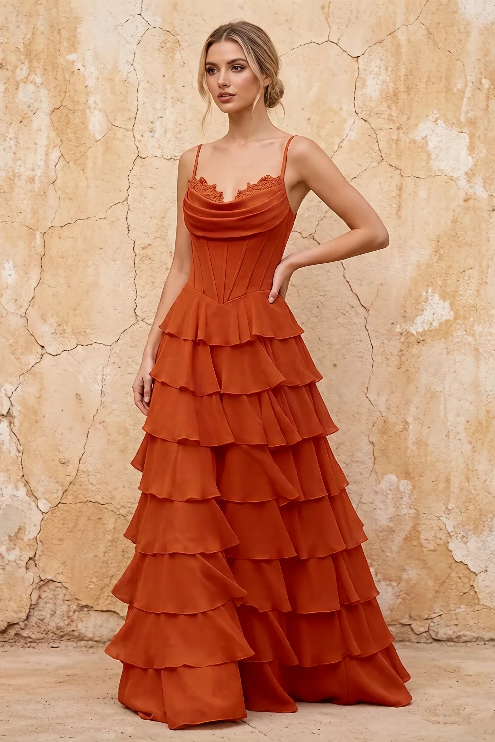 Lisa Paprika Chiffon Corset Ruffle Maxi Dress