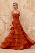 Lisa Paprika Chiffon Corset Ruffle Maxi Dress