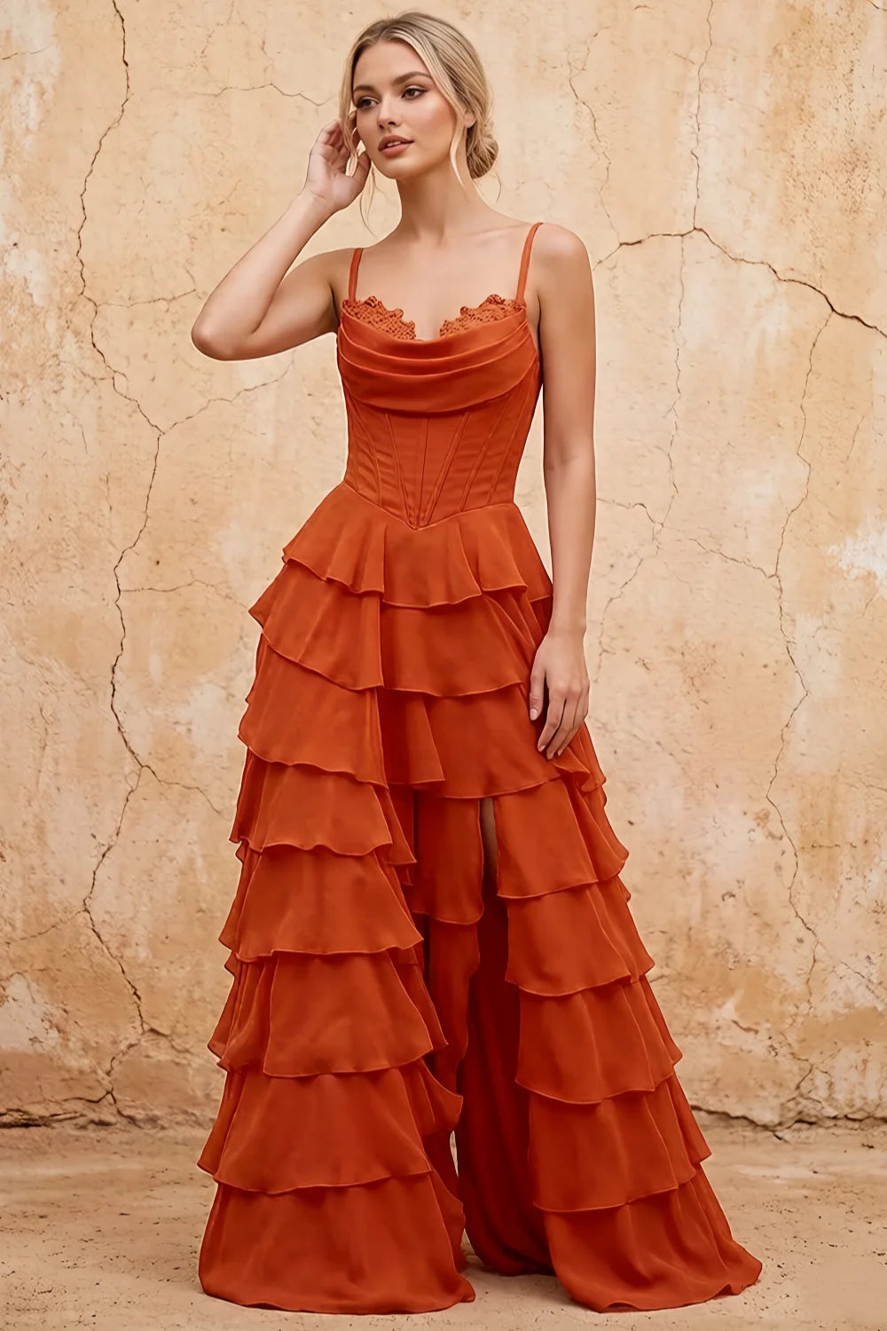 Lisa Paprika Chiffon Corset Ruffle Maxi Dress