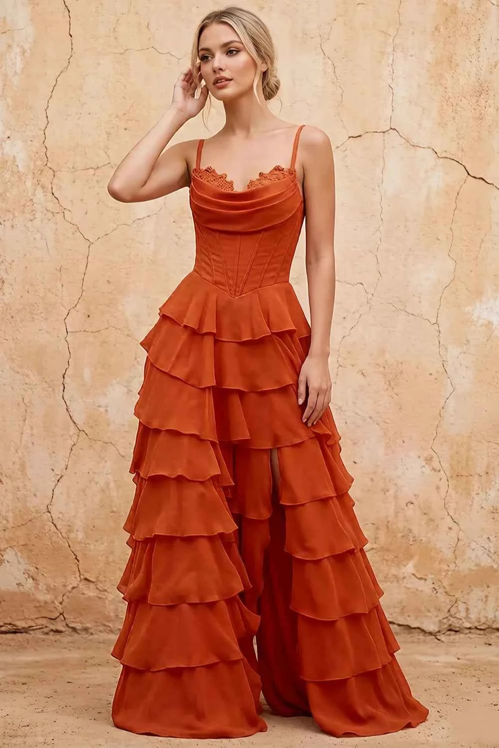 Lisa Paprika Chiffon Corset Ruffle Maxi Dress