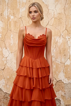 Lisa Paprika Chiffon Corset Ruffle Maxi Dress