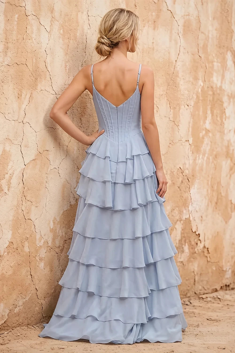 Translation missing: en.Lisa Powder Blue chiffon corset ruffle maxi dress with spaghetti straps and layered flowing skirt - product photo 2 content.product_image_secondary