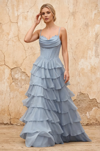 Lisa Power Blue Chiffon Corset Ruffle Maxi Dress