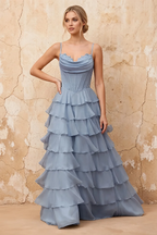 Lisa Power Blue Chiffon Corset Ruffle Maxi Dress