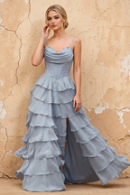 Lisa Power Blue Chiffon Corset Ruffle Maxi Dress