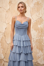 Lisa Power Blue Chiffon Corset Ruffle Maxi Dress