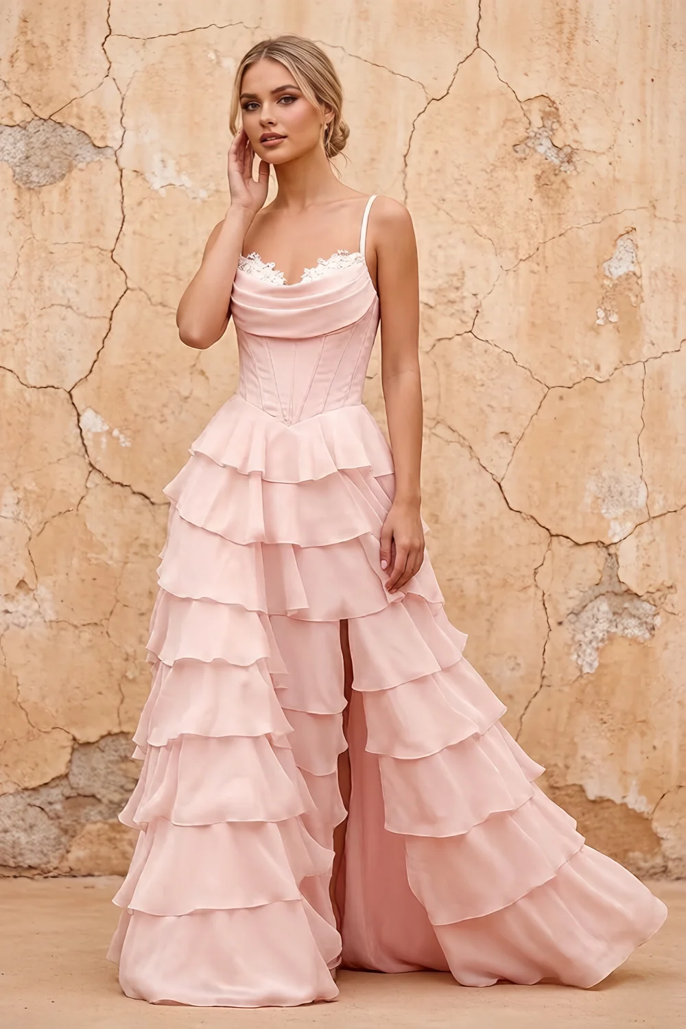 Lisa Powder Pink Chiffon Corset Ruffle Maxi Dress