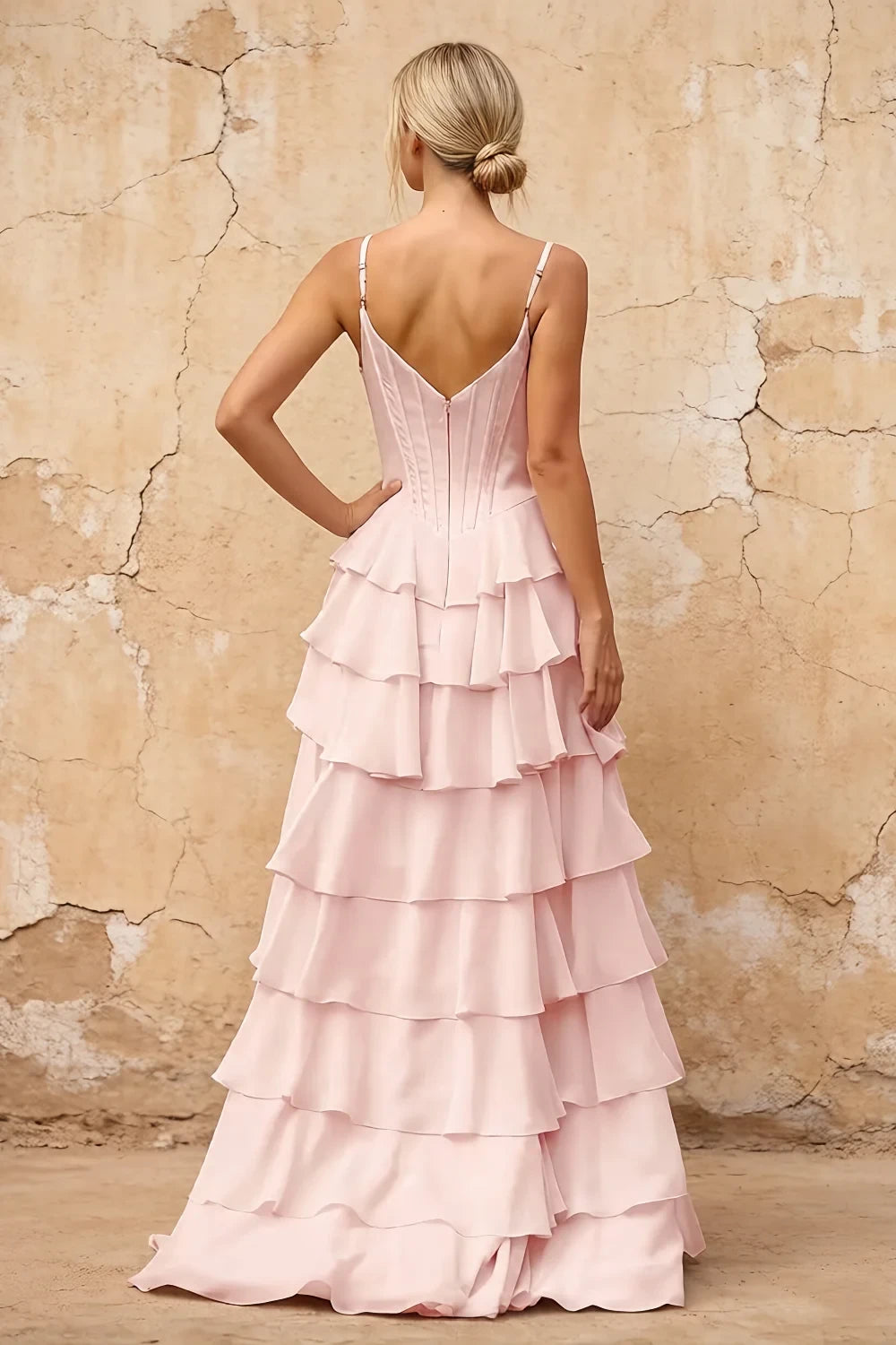 Translation missing: es.Lisa Powder Pink chiffon corset ruffle maxi dress with spaghetti straps and layered flowing skirt - product photo 2 content.product_image_secondary