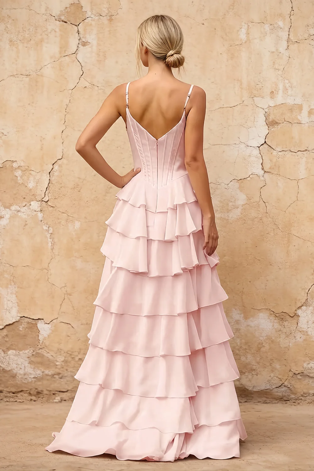 Lisa Powder Pink Chiffon Corset Ruffle Maxi Dress