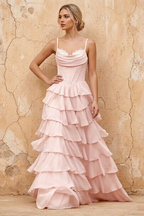 Lisa Power Pink Chiffon Corset Ruffle Maxi Dress