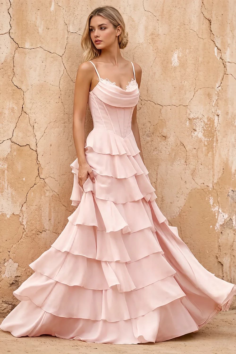 Lisa Power Pink Chiffon Corset Ruffle Maxi Dress