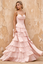 Lisa Power Pink Chiffon Corset Ruffle Maxi Dress