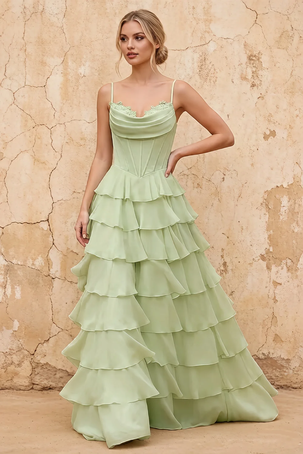 Lisa Sage Green Chiffon Corset Ruffle Maxi Dress Main image