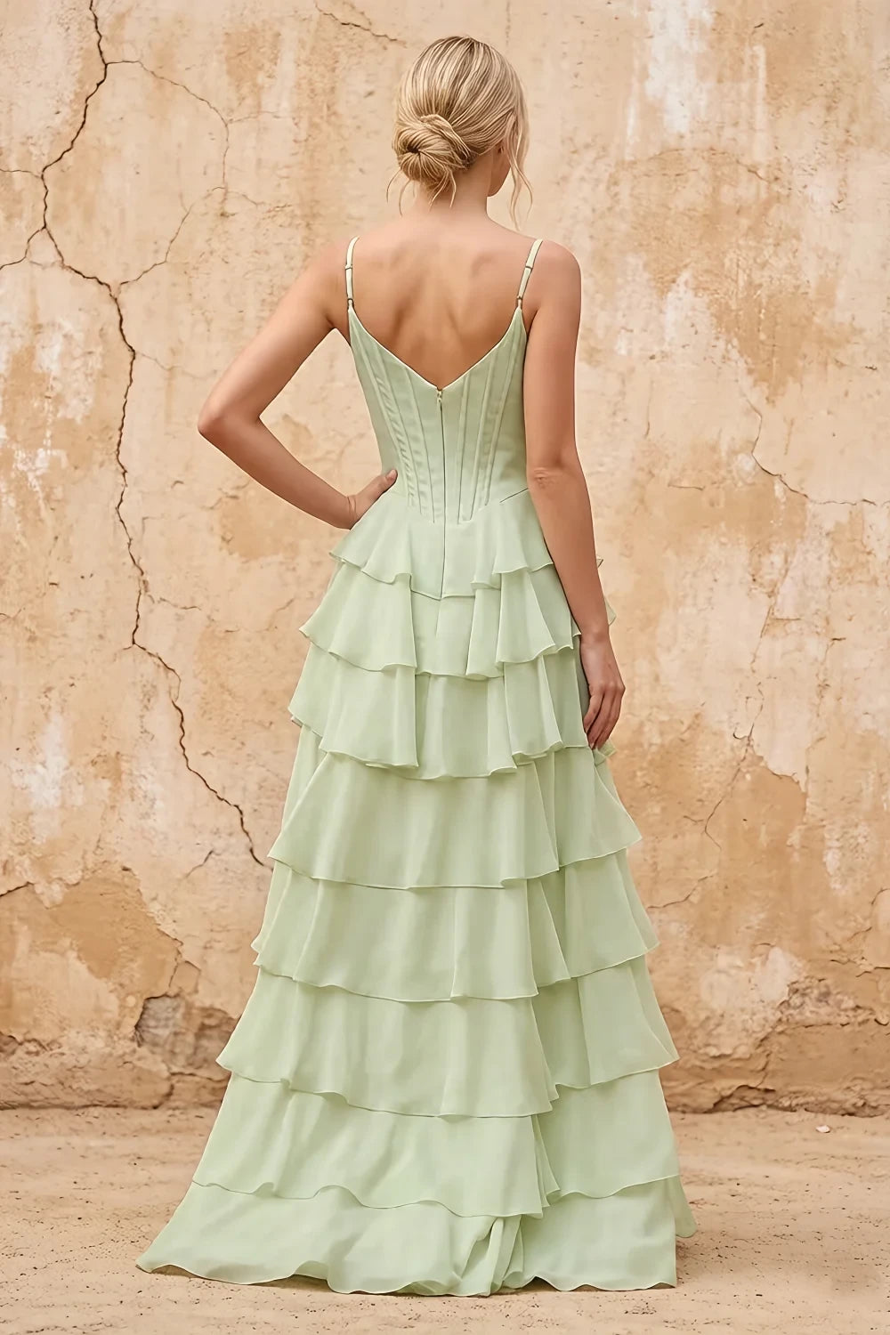 Translation missing: en.Lisa Sage Green chiffon corset ruffle maxi dress with spaghetti straps and layered flowing skirt - product photo 2 content.product_image_secondary