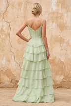 Lisa Sage Green Chiffon Corset Ruffle Maxi Dress
