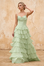 Lisa Sage Green Chiffon Corset Ruffle Maxi Dress