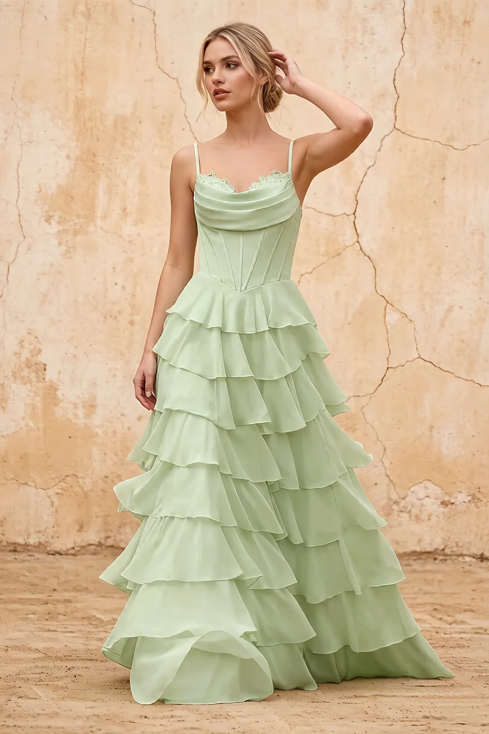 Lisa Sage Green Chiffon Corset Ruffle Maxi Dress