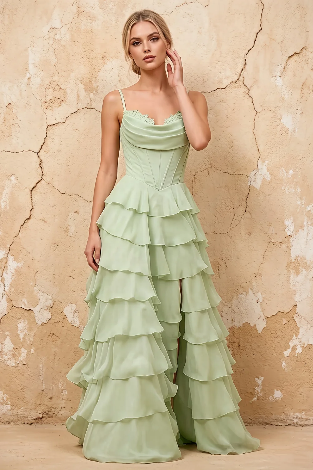 Lisa Sage Green Chiffon Corset Ruffle Maxi Dress