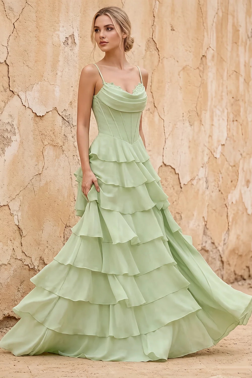 Lisa Sage Green Chiffon Corset Ruffle Maxi Dress