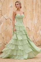 Lisa Sage Green Chiffon Corset Ruffle Maxi Dress