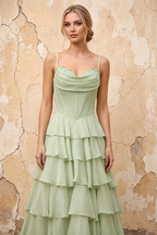 Lisa Sage Green Chiffon Corset Ruffle Maxi Dress