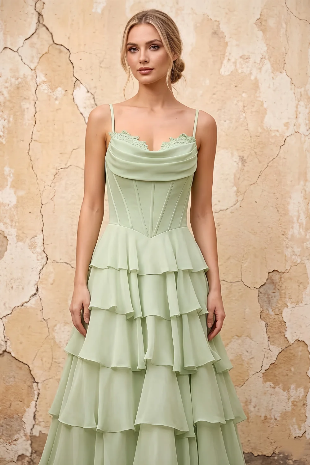 Lisa Sage Green Chiffon Corset Ruffle Maxi Dress