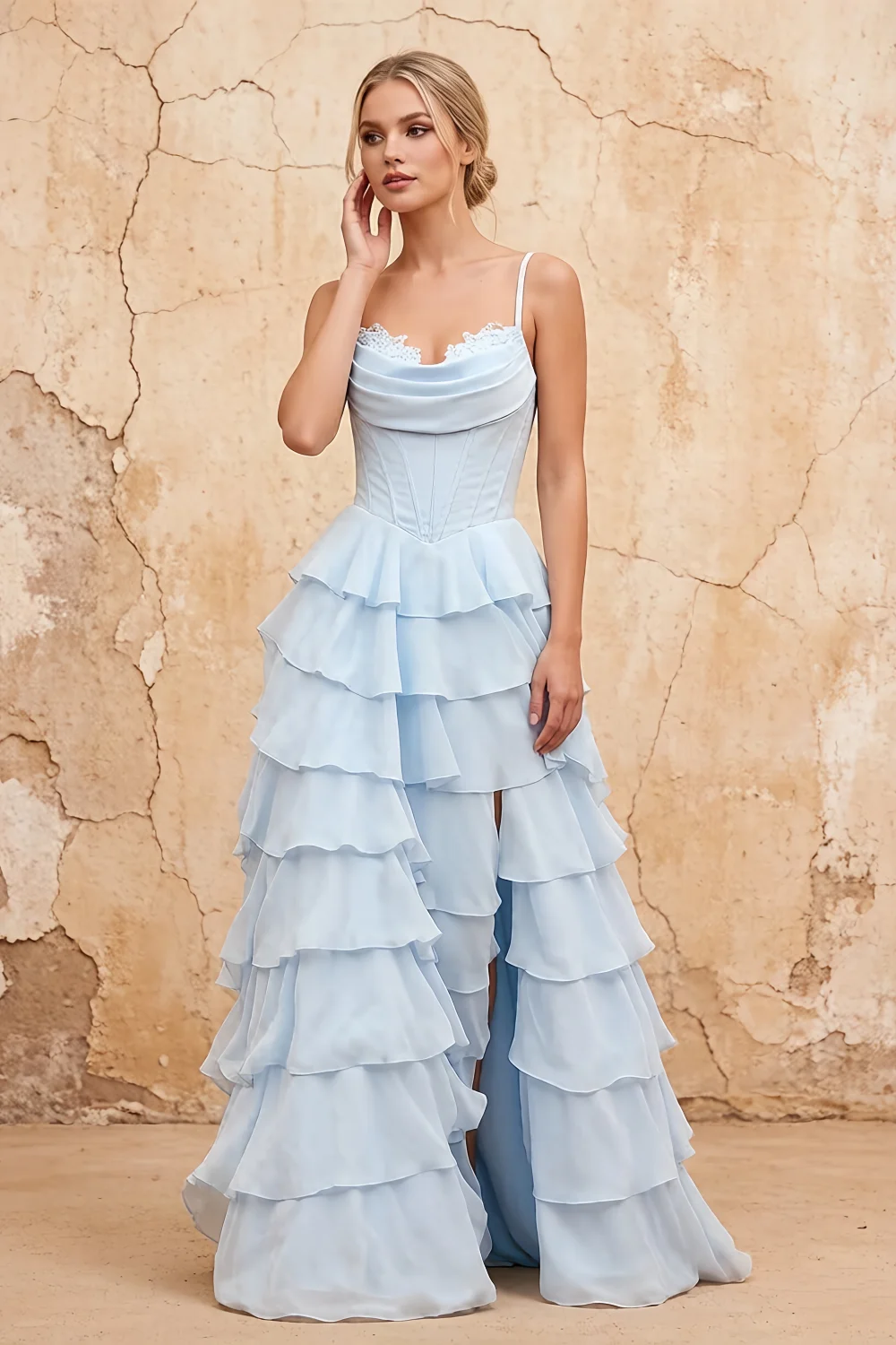 Lisa Sky Blue Chiffon Corset Ruffle Maxi Dress
