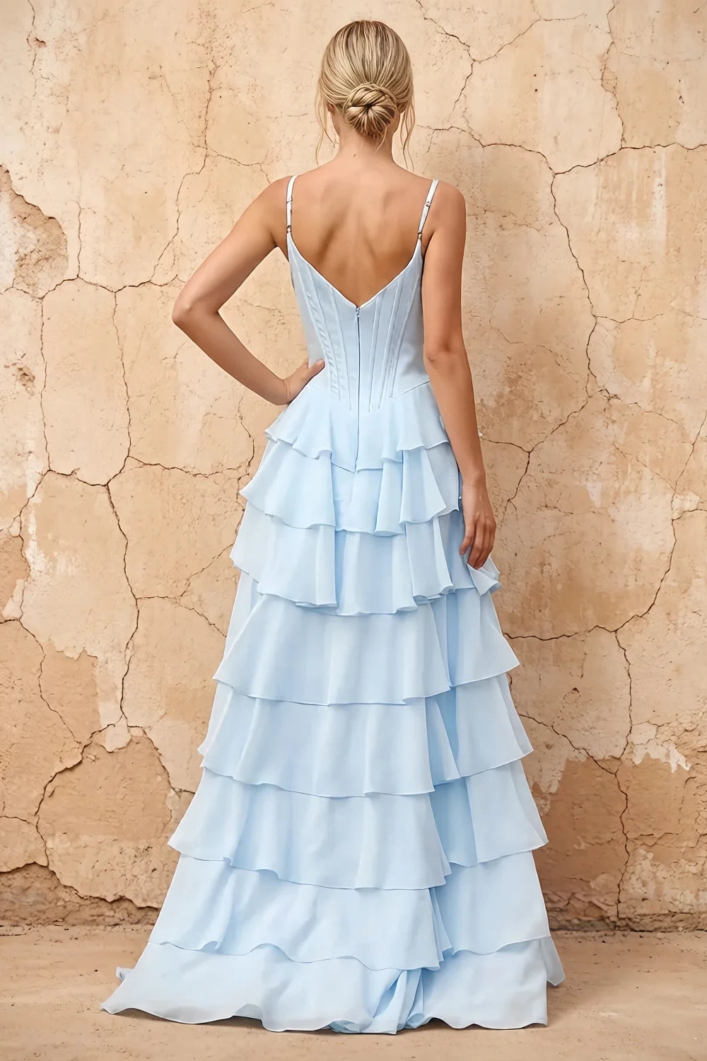 Translation missing: en.Lisa Sky Blue chiffon corset ruffle maxi dress with spaghetti straps and layered flowing skirt - product photo 2 content.product_image_secondary