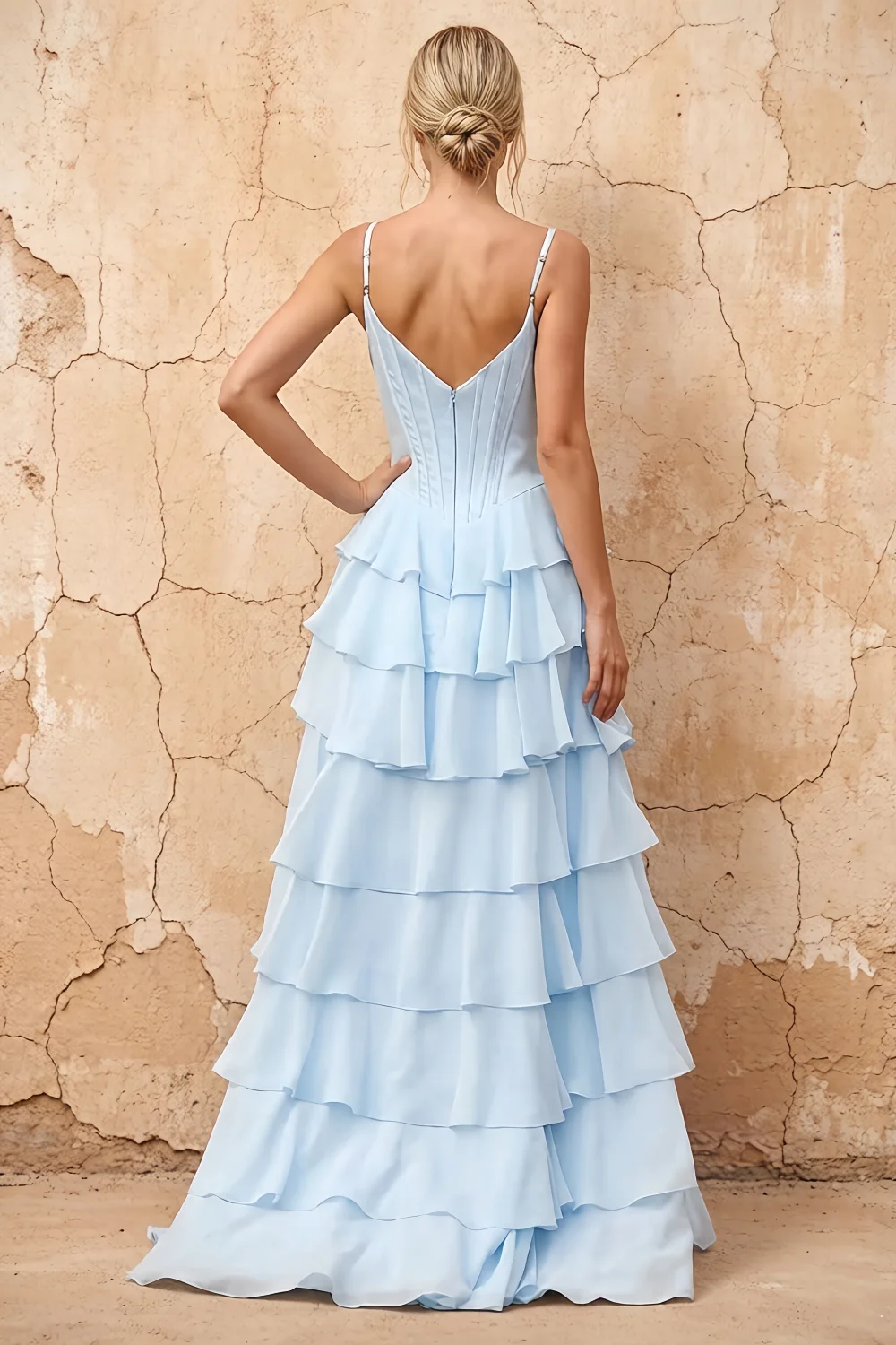 Lisa Sky Blue Chiffon Corset Ruffle Maxi Dress