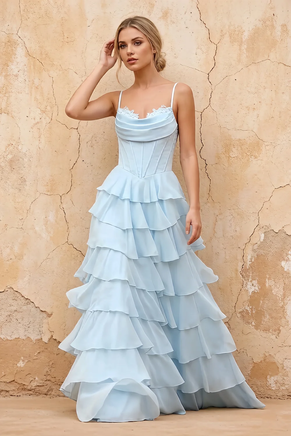 Lisa Sky Blue Chiffon Corset Ruffle Maxi Dress
