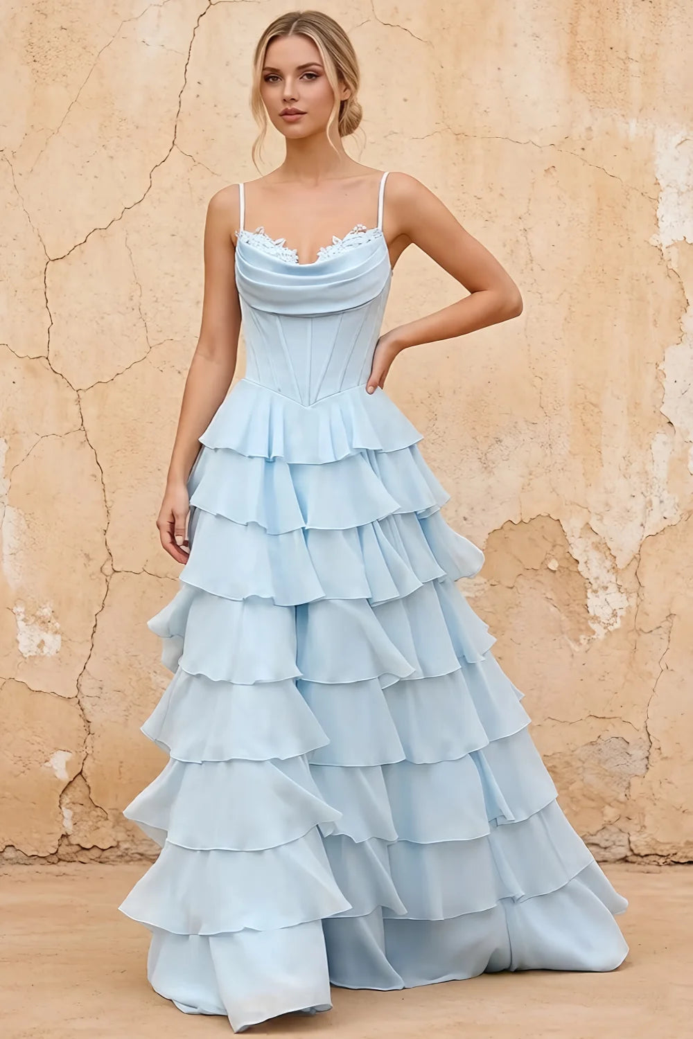 Lisa Sky Blue Chiffon Corset Ruffle Maxi Dress