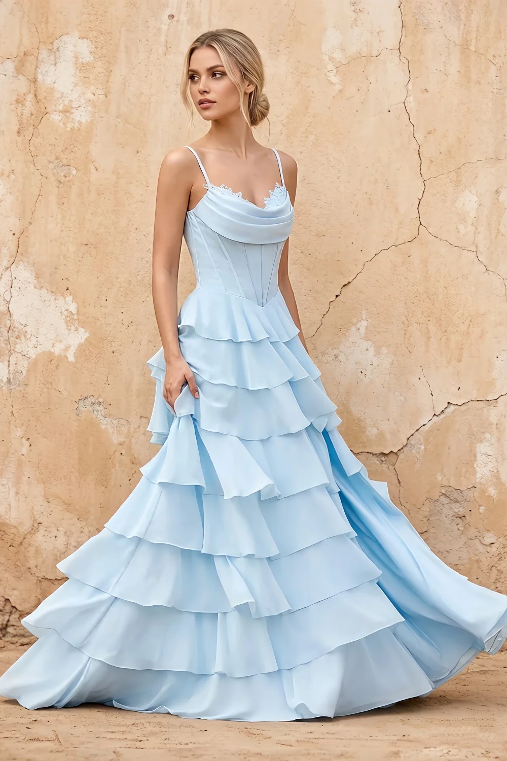 Lisa Sky Blue Chiffon Corset Ruffle Maxi Dress