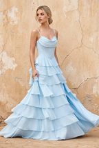 Lisa Sky Blue Chiffon Corset Ruffle Maxi Dress