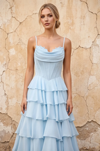 Lisa Sky Blue Chiffon Corset Ruffle Maxi Dress
